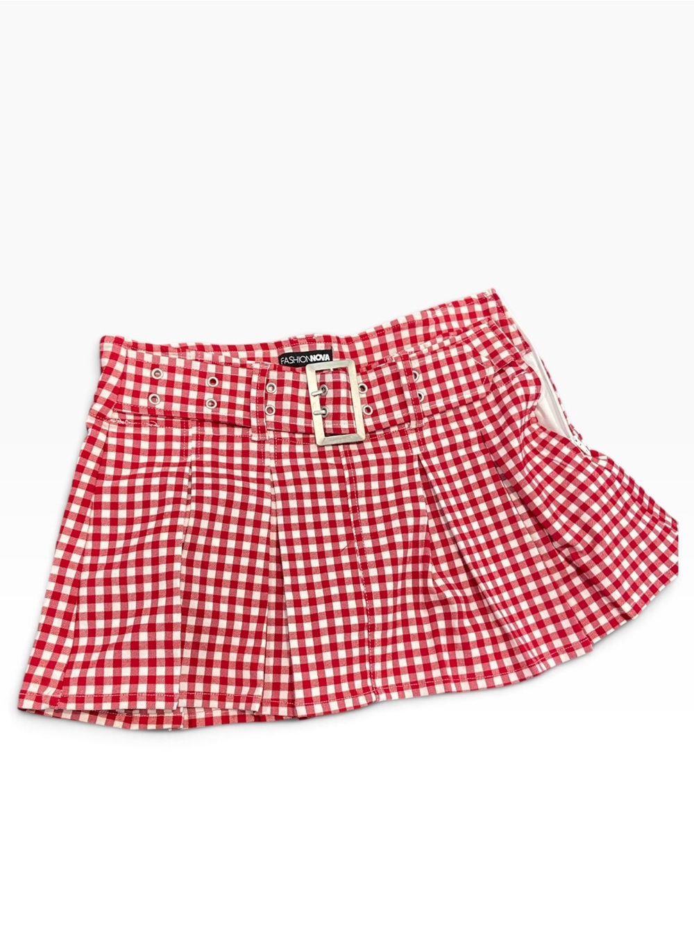 Fashion Nova Red and White Gingham Pleated Mini Skirt Skort with Buckle Waist